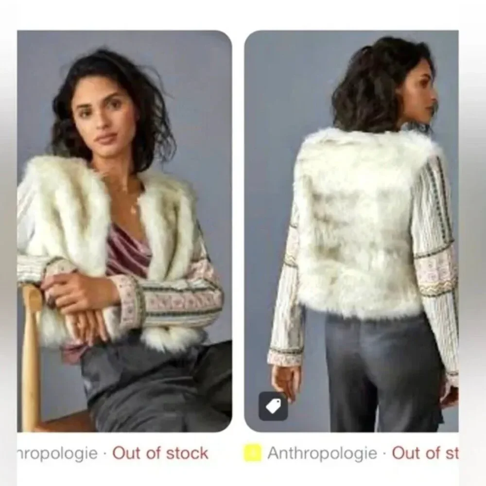 Bl^nk London x Anthropologie NWOT Embroidered Beaded Cropped Faux Fur Jacket XS